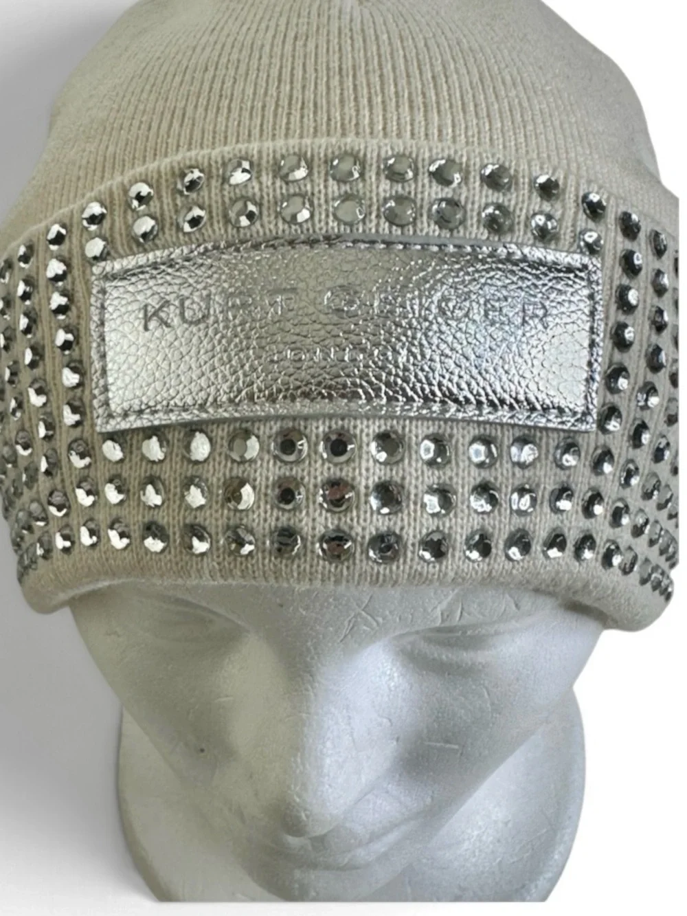 Kurt Geiger London Ivory Crystal Embellished Silver Wool Blend Beanie NWOT